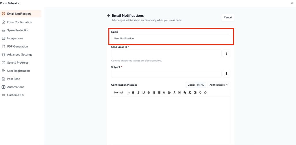 Adjust Form Notification Emails add notifications name