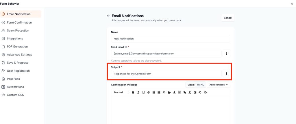 Adjust Form Notification Emails add notifications subject