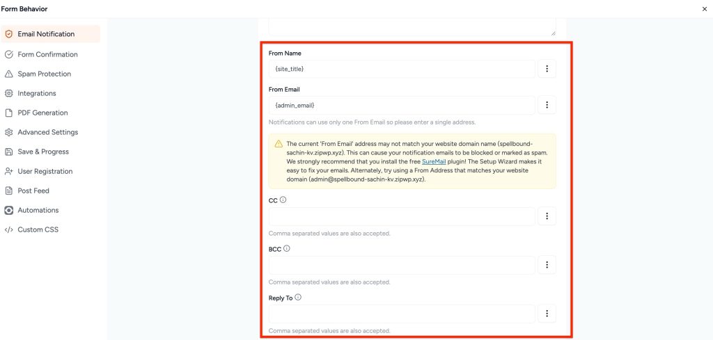 Adjust Form Notification Emails add notifications more settings