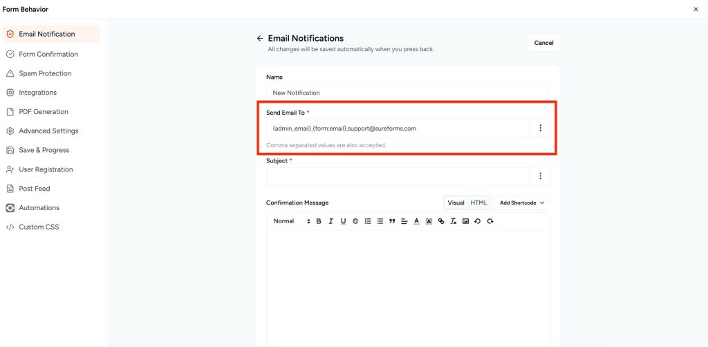 Adjust Form Notification Emails add notifications send email to