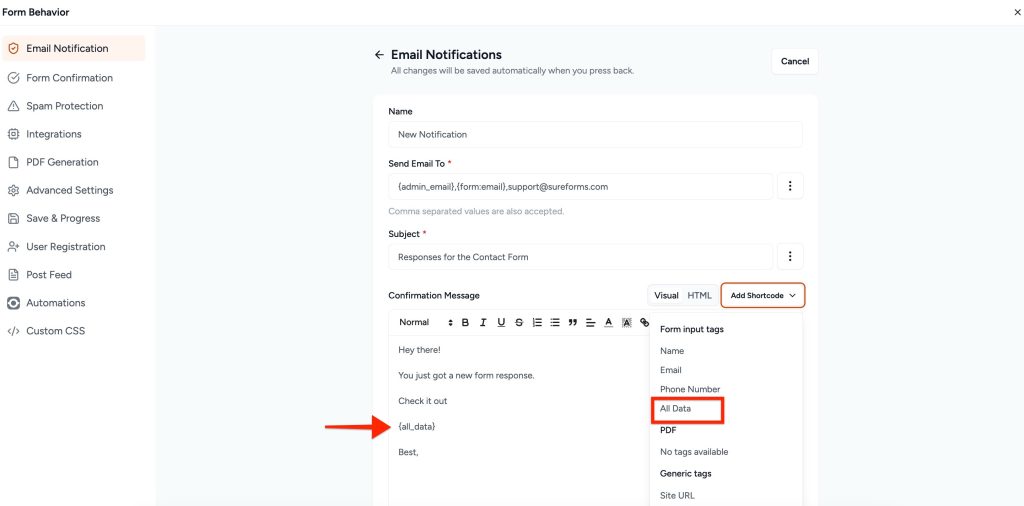Adjust Form Notification Emails add shortcode