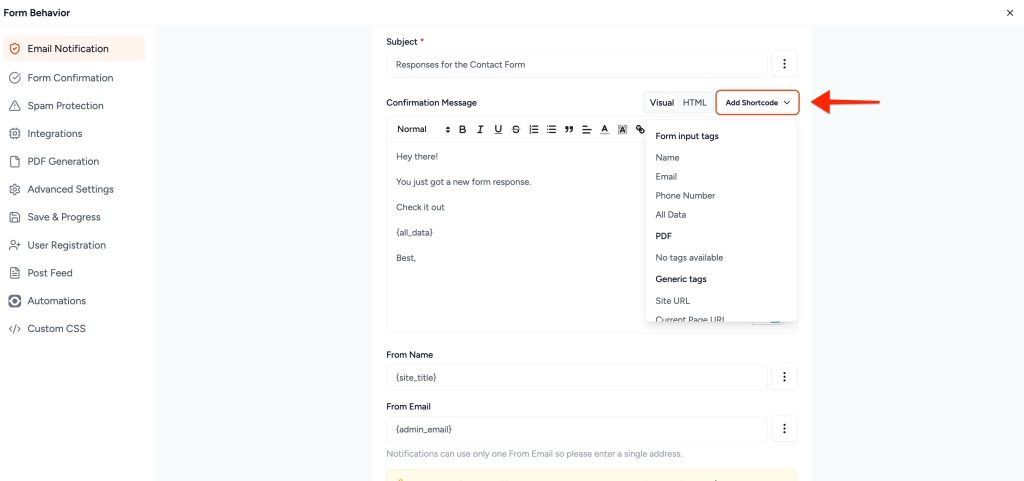 Adjust Form Notification Emails add shortcode dropdown button
