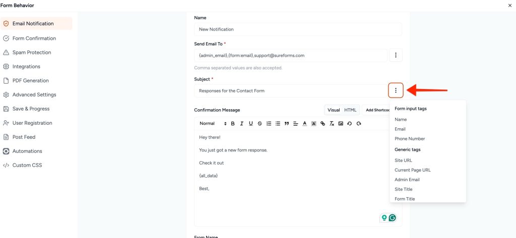 Adjust Form Notification Emails click the three dot