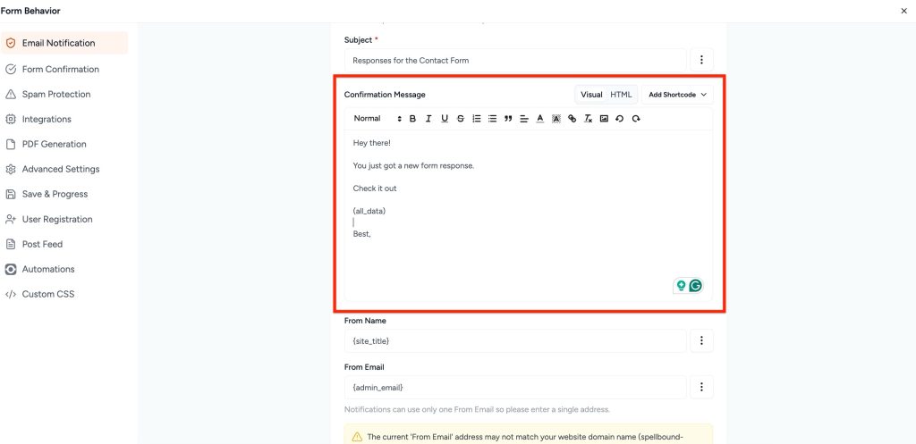 Adjust Form Notification Emails confirmation message