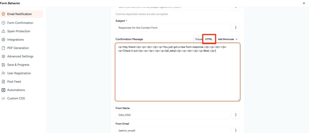 Adjust Form Notification Emails confirmation message html format
