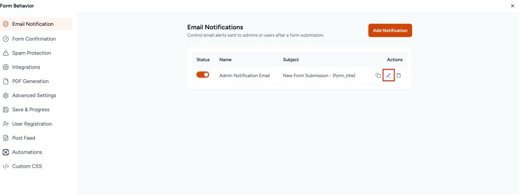 Adjust Form Notification Emails edit email notifications