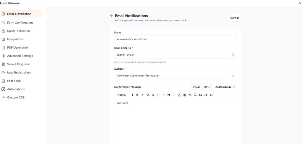 Adjust Form Notification Emails edit email notifications settings