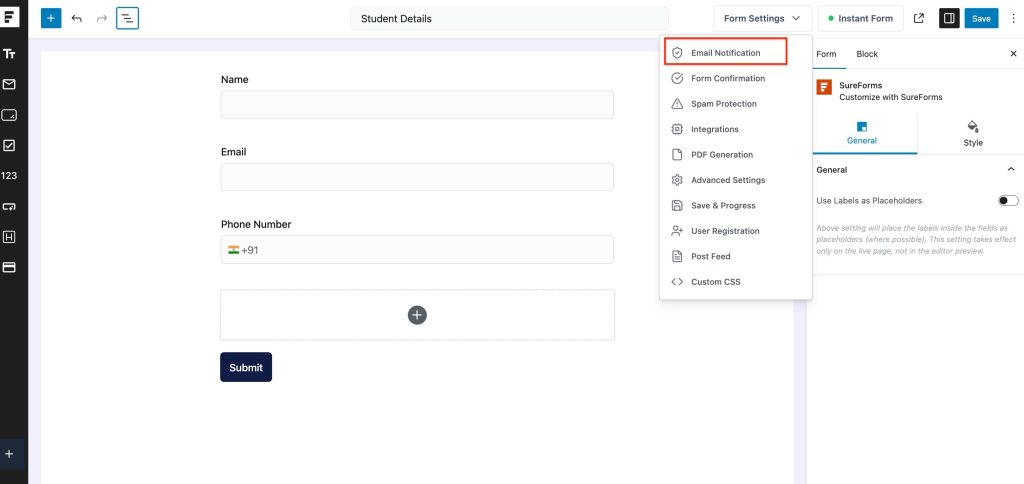 Adjust Form Notification Emails email notification