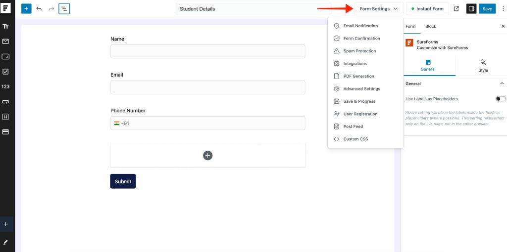 Adjust Form Notification Emails form > settings