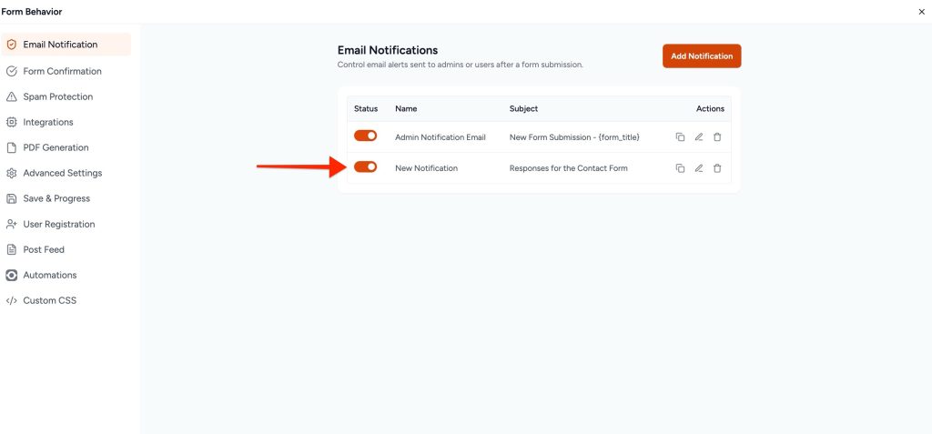 Adjust Form Notification Emails new notification