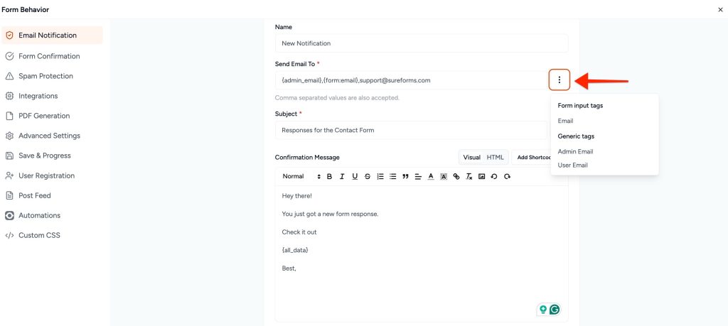 Adjust Form Notification Emails send email to the shortcodes