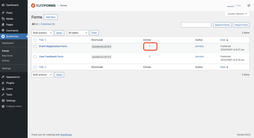 GDPR Compliant Forms number of entries