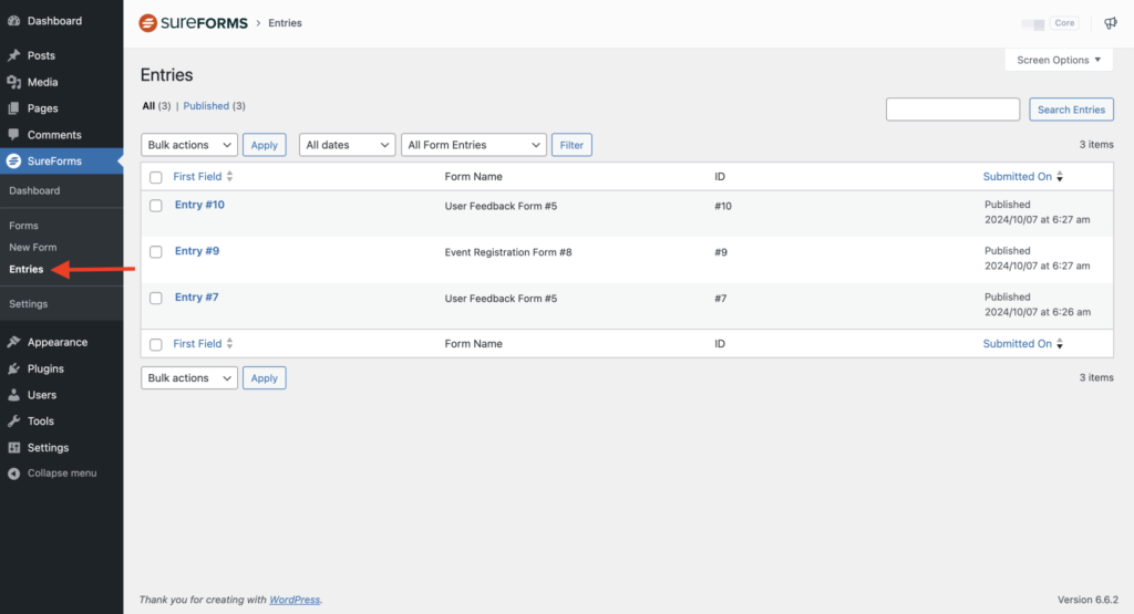 GDPR Compliant Forms entries section
