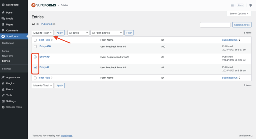 GDPR Compliant Forms move entries to trash