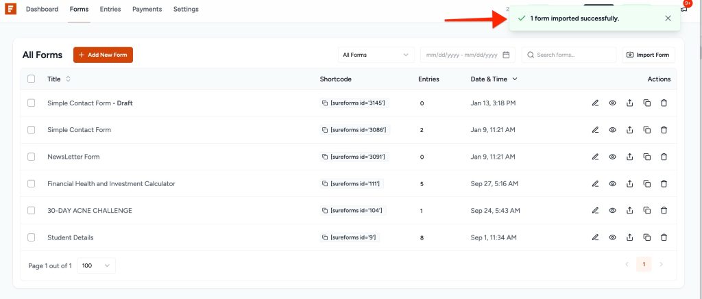 Importing & Exporting Forms form imported successfully