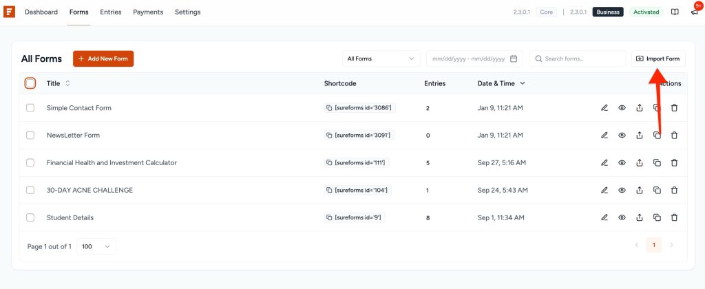 Importing & Exporting Forms import form