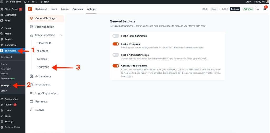 sureforms > settings