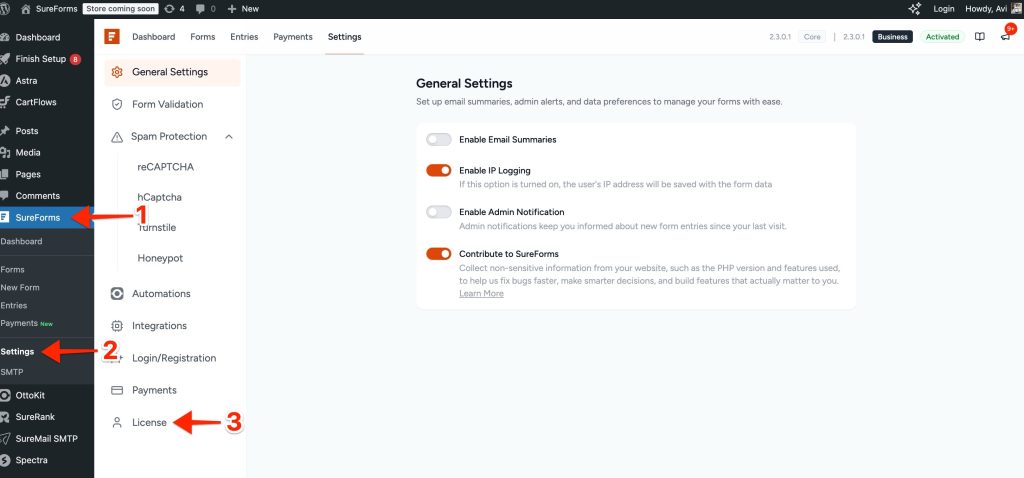 sureforms > settings > license