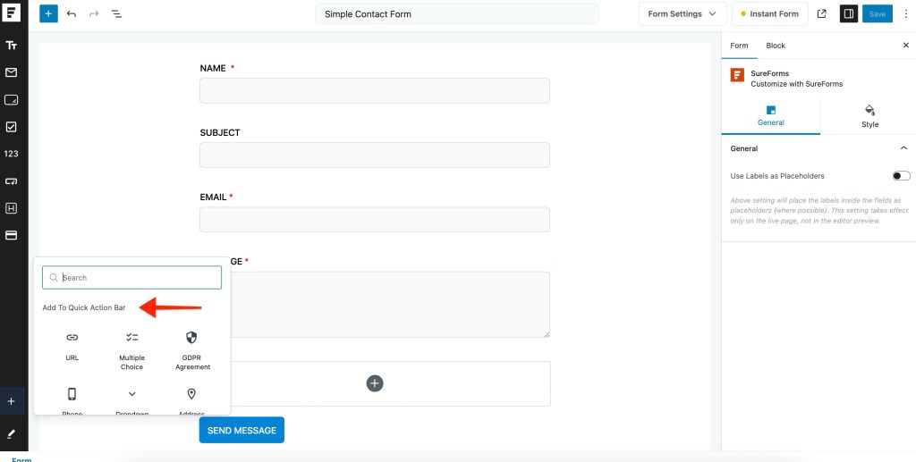 SureForms - Quick Action Bar sureforms blocks