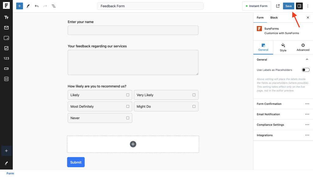 Form Confirmation save button