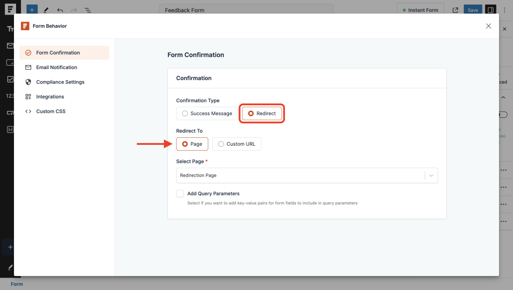 Form Confirmation redirect options
