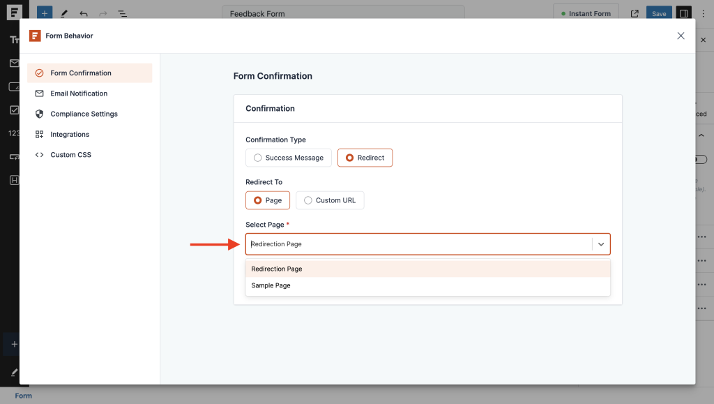Form Confirmation select the page to redirect to