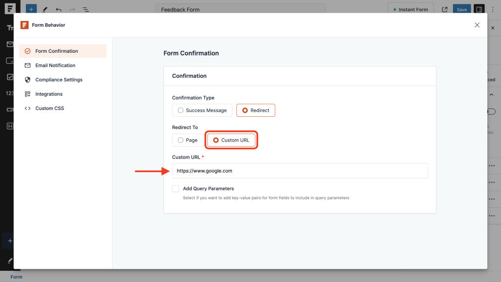 Form Confirmation enter the external URL link