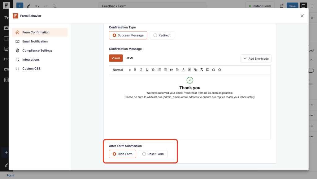 Form Confirmation control form behaviour
