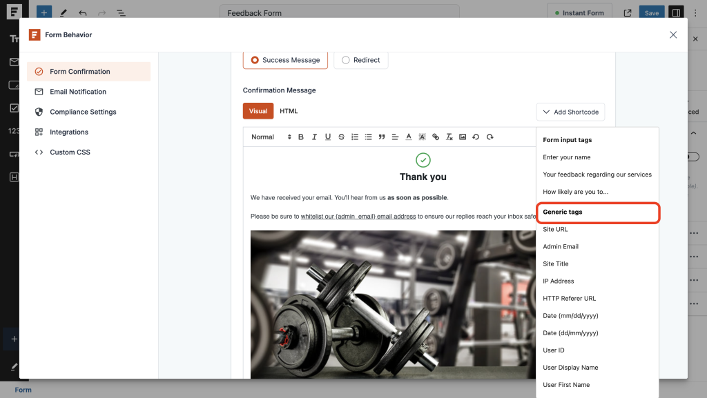 Form Confirmation generic tags