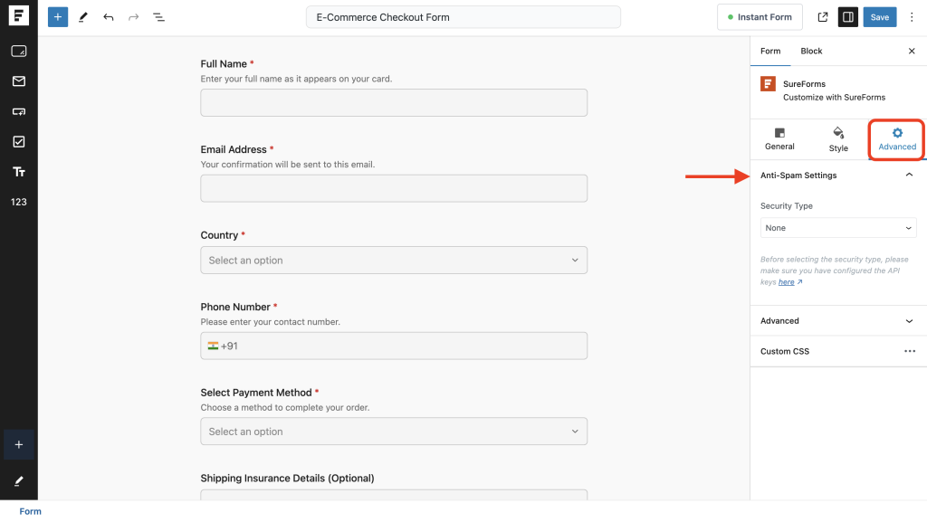 open up the anti spam settings in the form editor