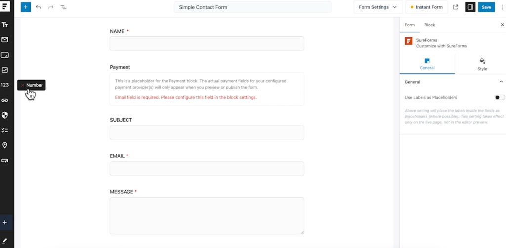 SureForms - Quick Action Bar remove a block