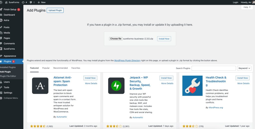 upload the sureforms business plugin file