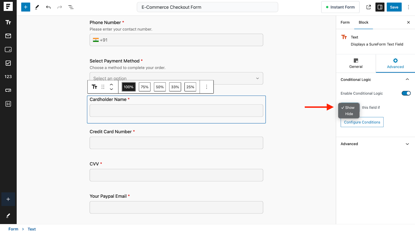 decide whether to show or hide the selected field