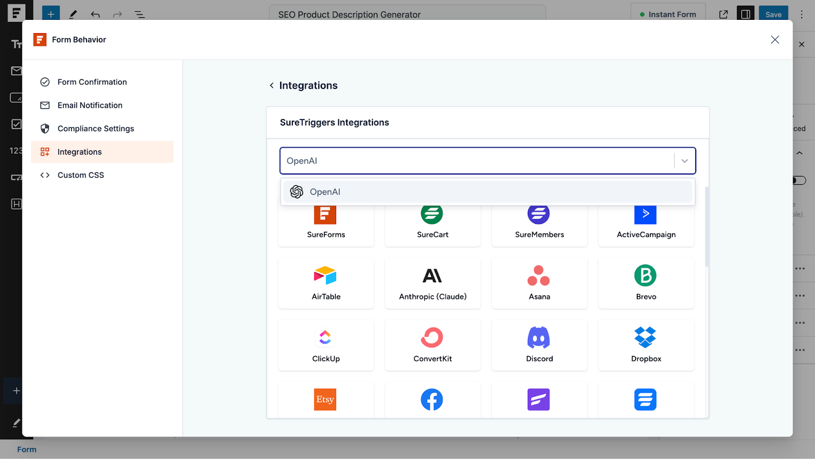 Automate WordPress Forms with the Custom App Builder select the action app