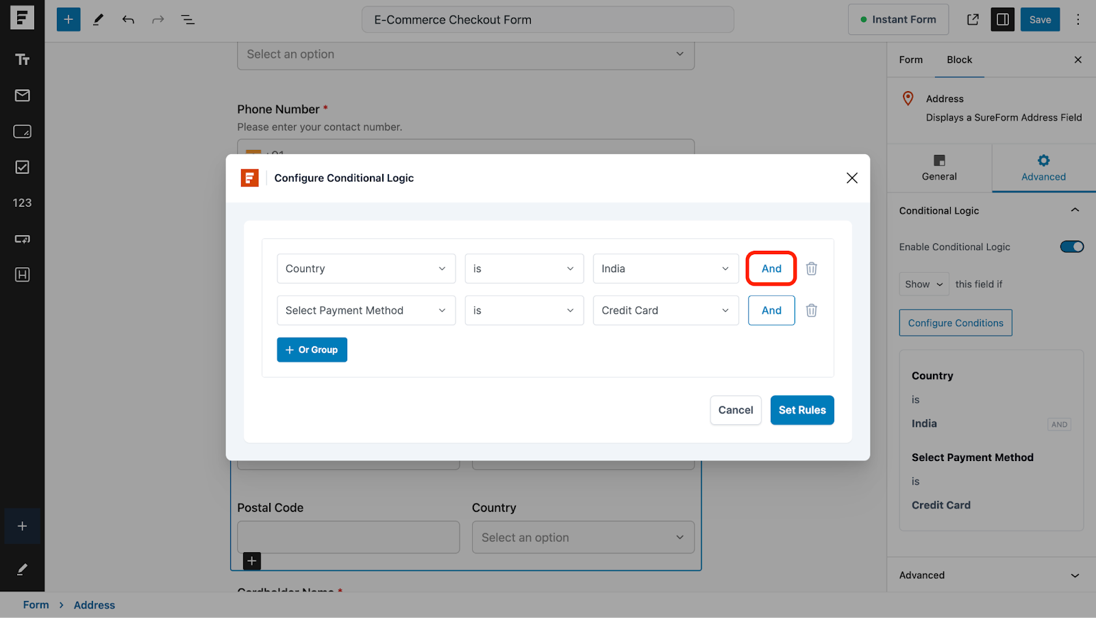 specify an and condition