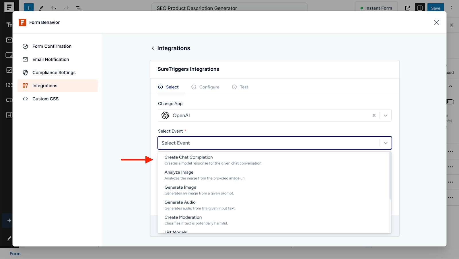Automate WordPress Forms with the Custom App Builder select the action event