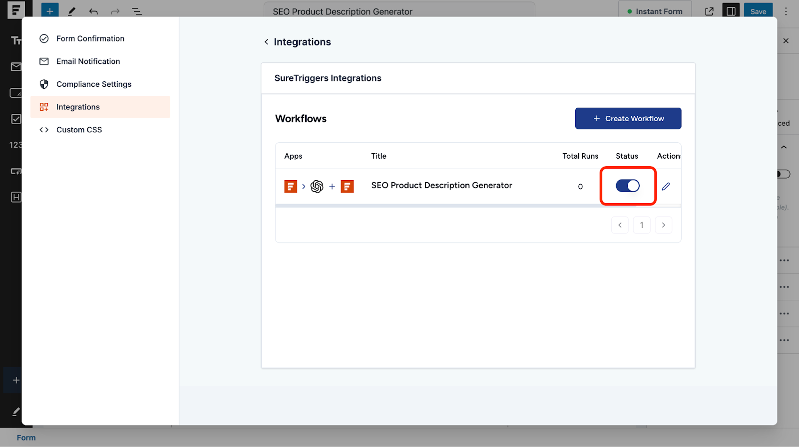 Automate WordPress Forms with the Custom App Builder activate the status switch