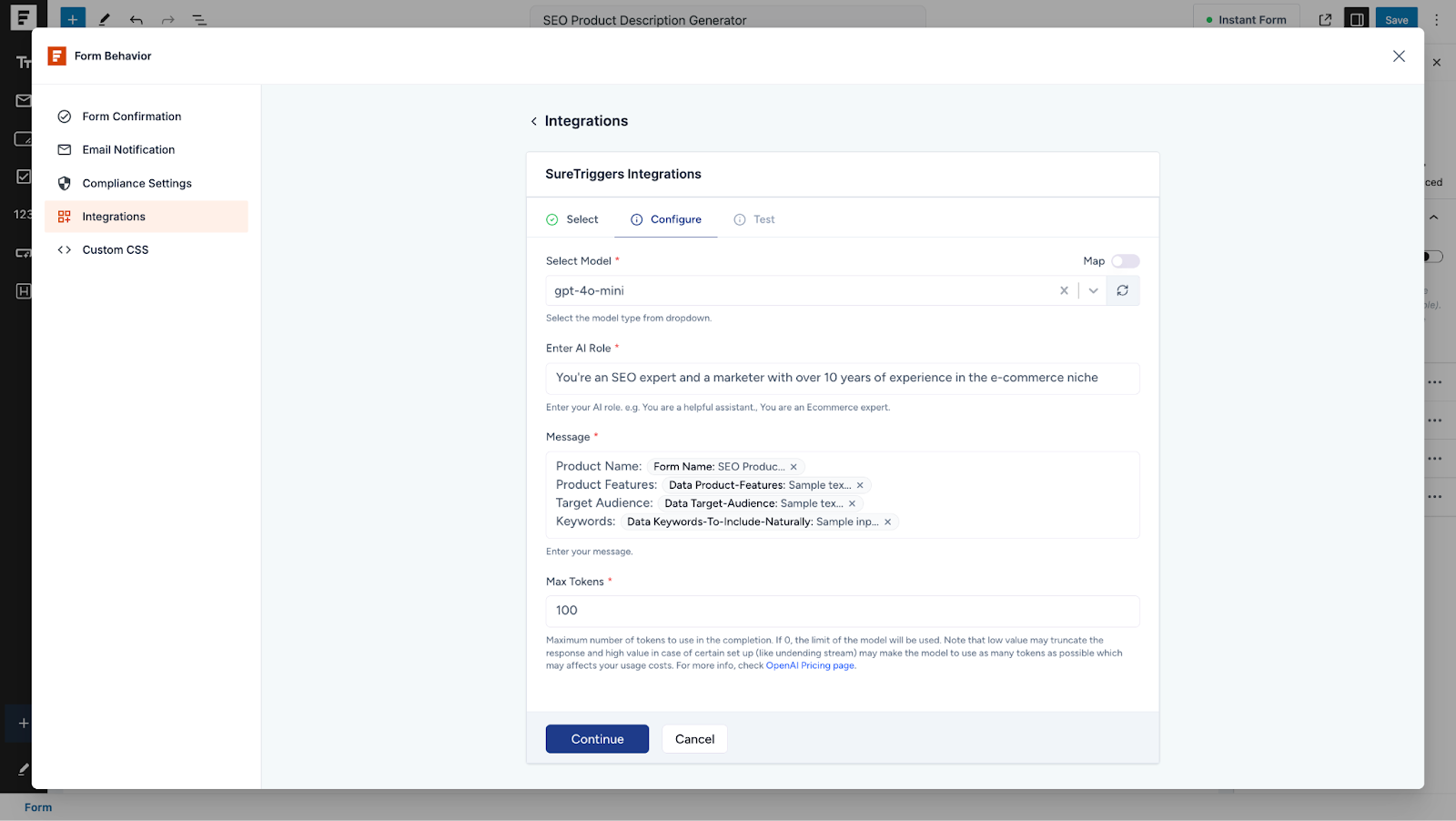 Automate WordPress Forms with the Custom App Builder configure how the ai is going to generate the response