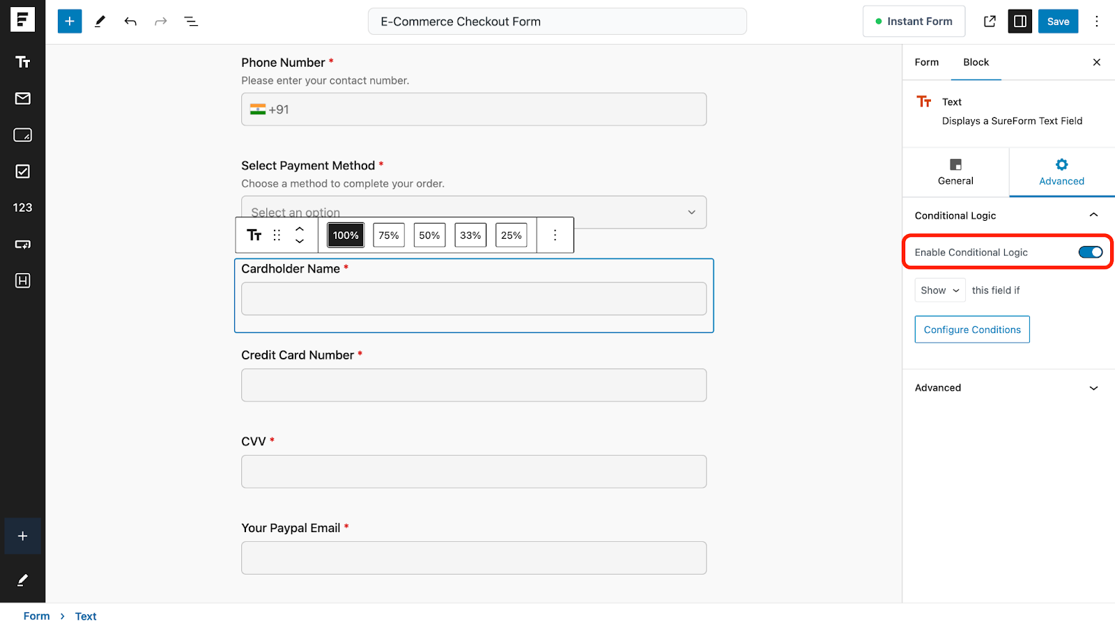 enable conditional logic for the selected field