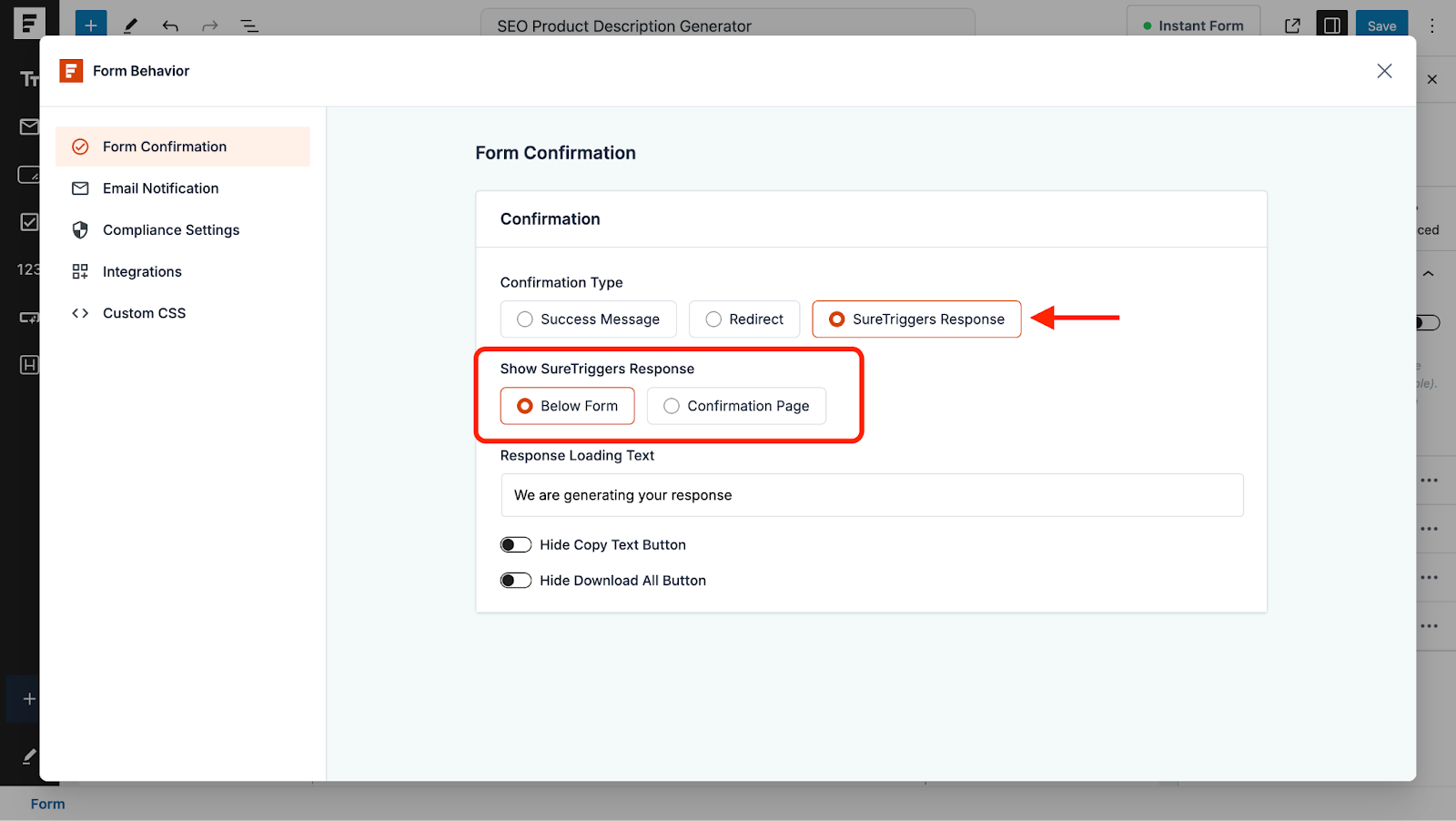 Automate WordPress Forms with the Custom App Builder decide where to show the suretriggers response