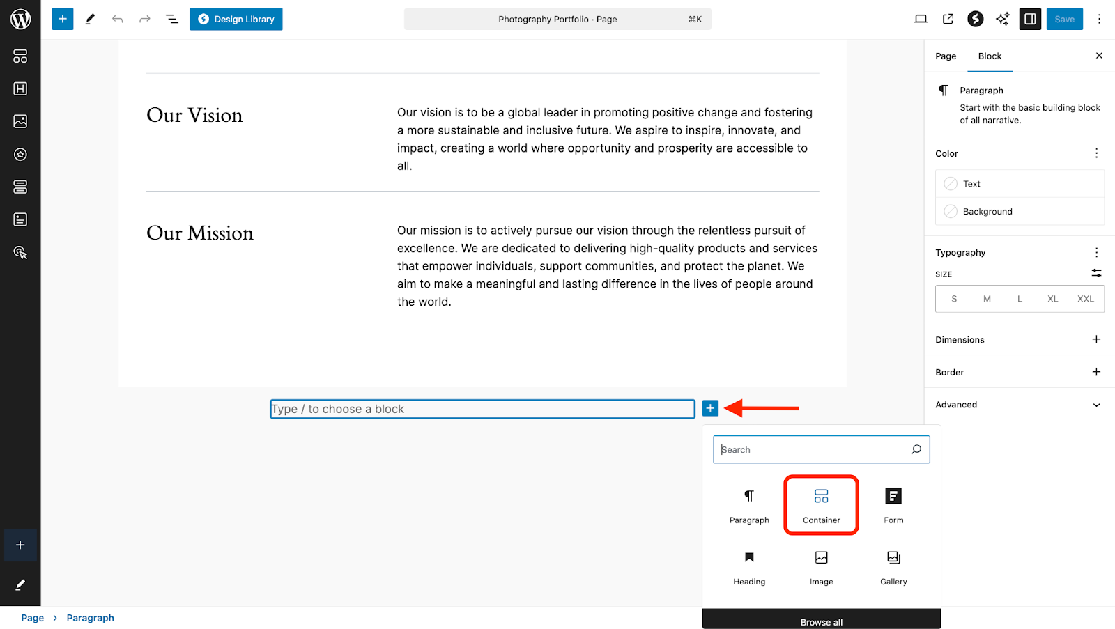 Embed & Display Forms In Gutenberg Using Spectra add the Spectra container block