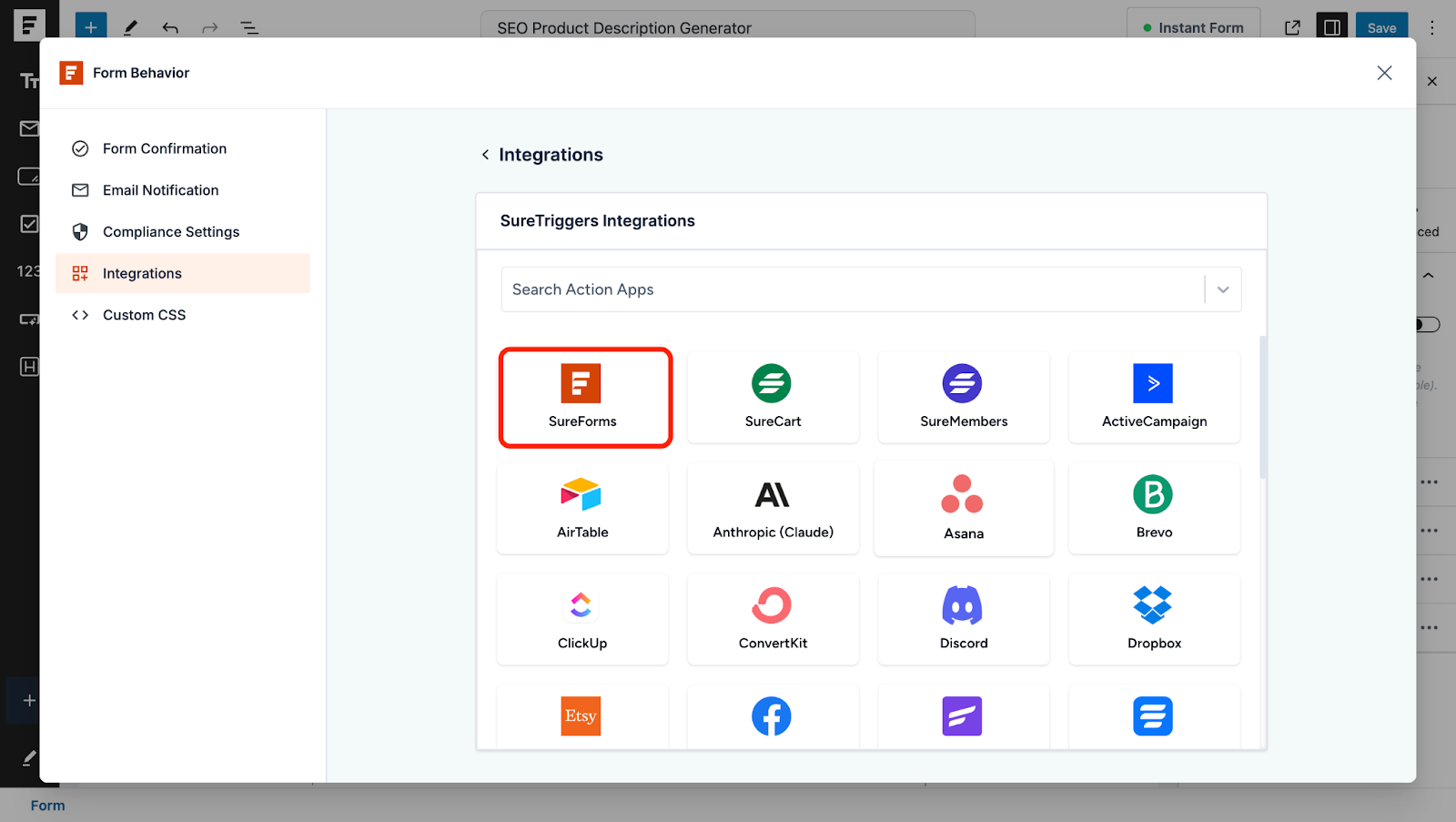 Automate WordPress Forms with the Custom App Builder select sureforms