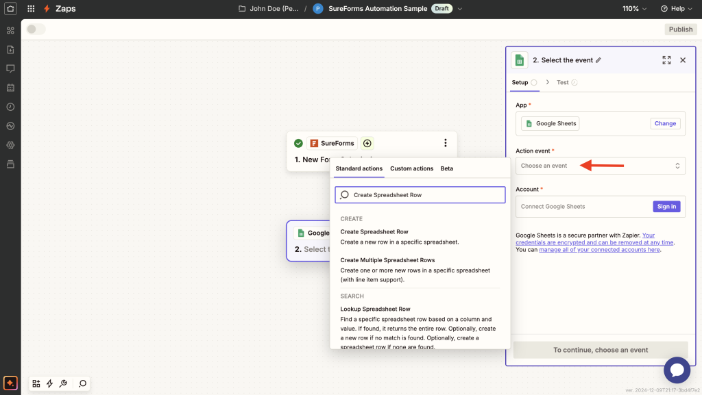 select desired action event