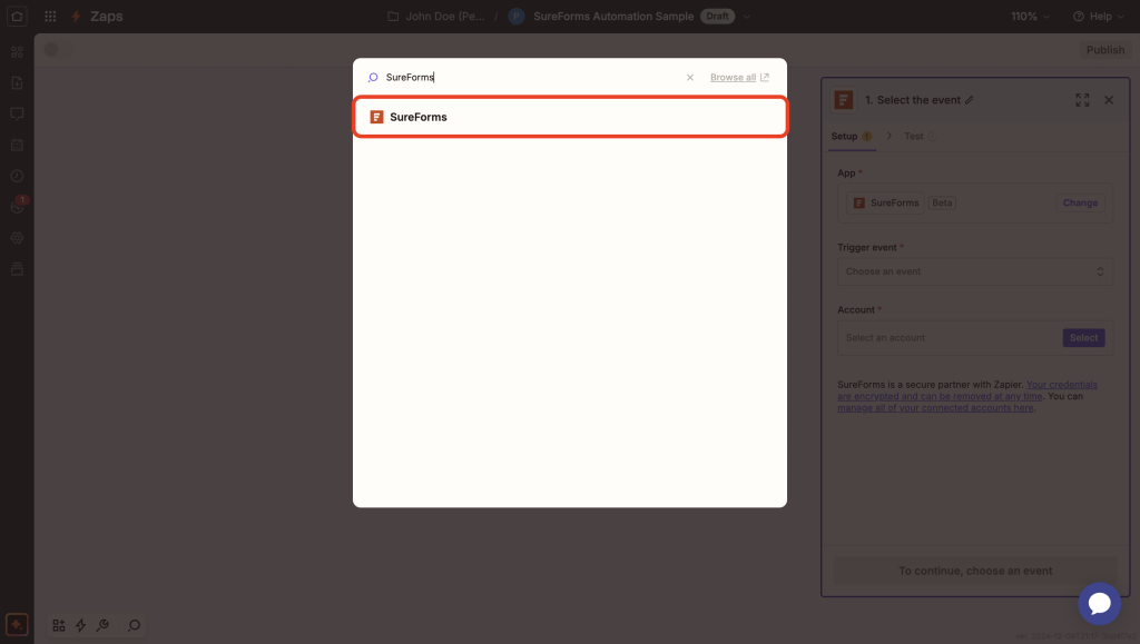 select sureforms as the trigger app