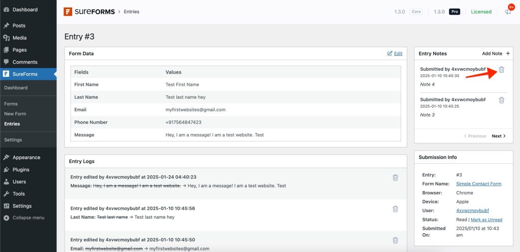 Entries Management Feature Guide Delete Notes