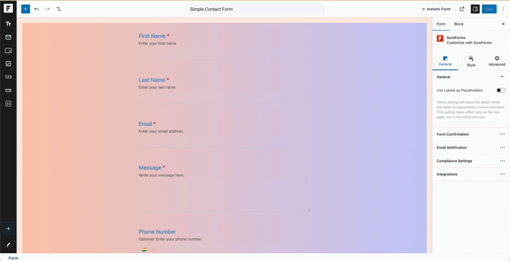Advanced Form Styling Options Preview in Editor