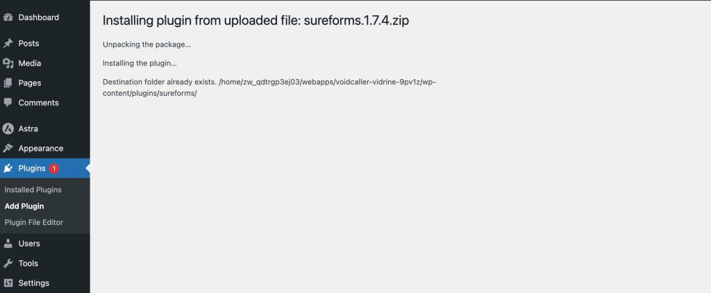 Fixing the “Destination folder already exists” Error When Installing SureForms Destination Folder Already Exists 1024x422