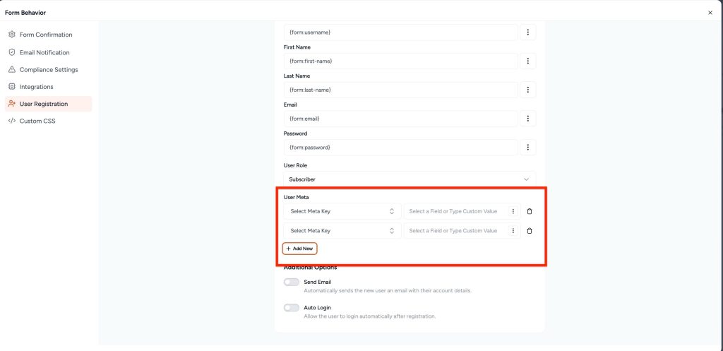 SureForms Registration Block – Step-by-Step Guide User Meta 1 1024x497