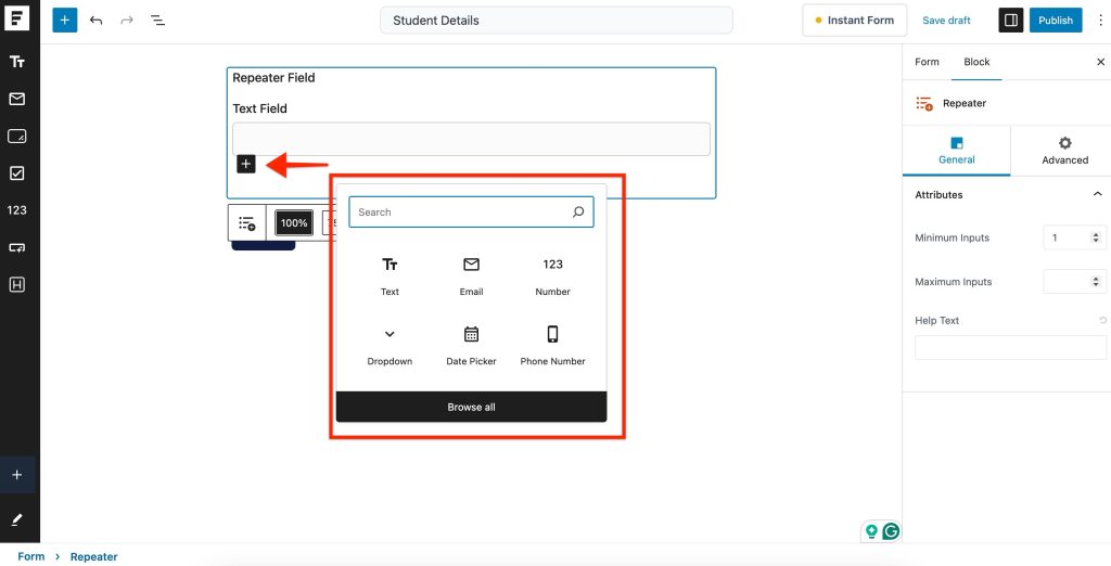 Repeater Field in SureForms Adding Fields Inside a Repeater
