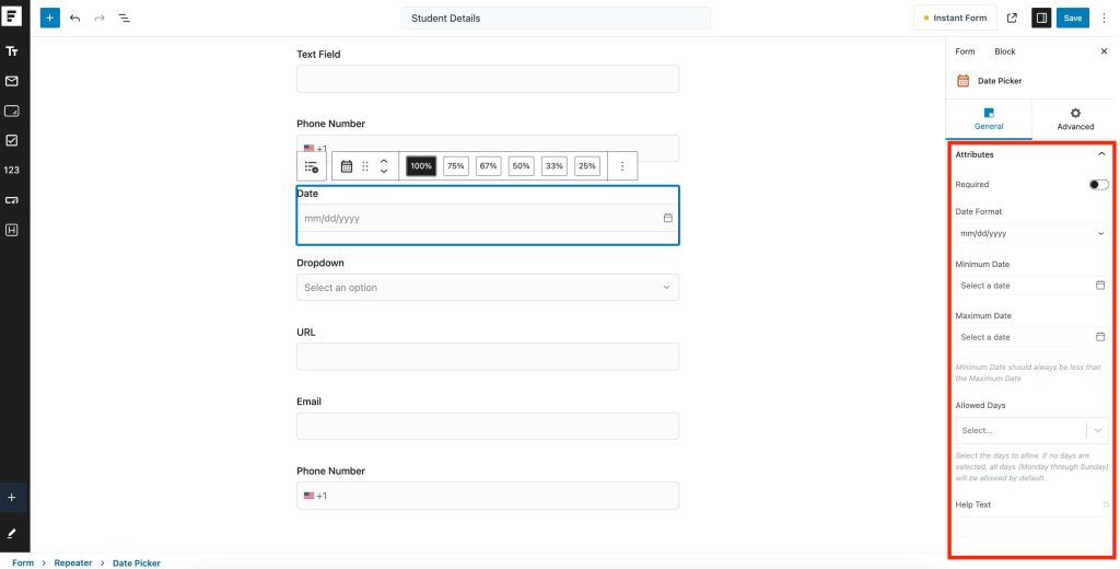 Repeater Field in SureForms Date Field